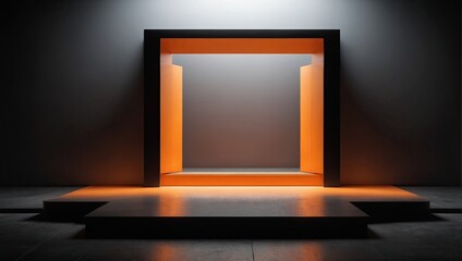 3D render of a podium abstract door light fantastic scene with orange light element on black background