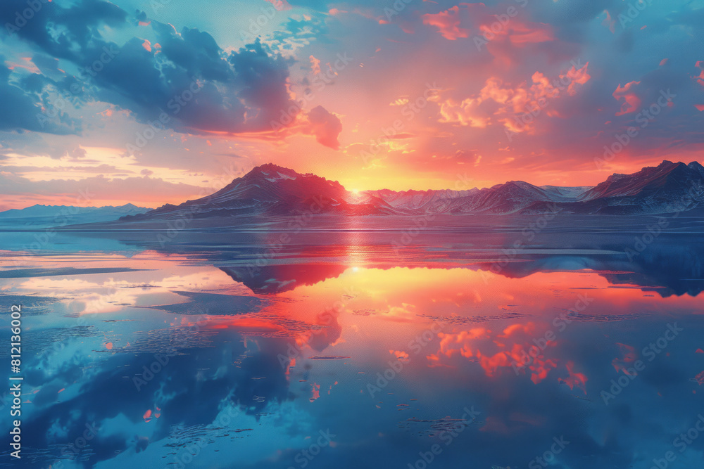 Poster conceptual image of an evening mirage on a lake, reflecting and distorting the surrounding landscape