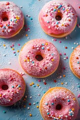 Mouthwatering donuts, sweet delights for any palate, culinary creations dusted with sweet powdered sugar, chocolate, biscuit crumbs, and cream.