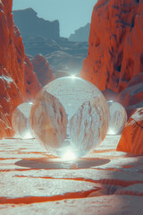 Artistic scene depicting a surreal desert journey, with multiple mirages blending into one another,