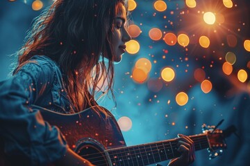 A musician plays guitar surrounded by a cascade of bokeh lights creating a magical atmosphere