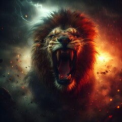lion in the night and fire- lion is roaring in angreesive mood cinematic Ai generate image