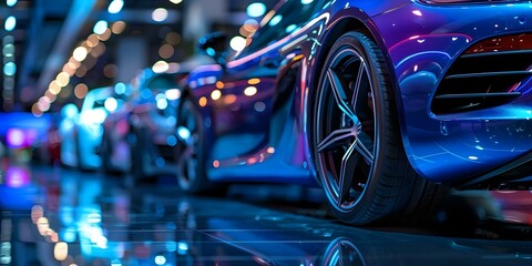 Alloy wheels for luxury cars in a supercar showroom with sleek design. Concept Luxury Cars, Alloy Wheels, Supercar Showroom, Sleek Design