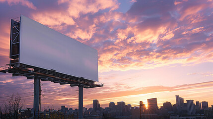 Expansive white billboard against a city skyline at sunrise, ready for creative advertisements.