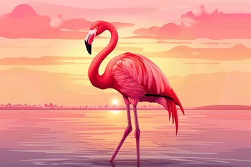 Tropical Flamingo Vector: Majestic Sunset Scene with Full Body Flamingo