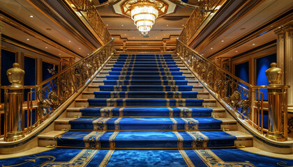 Obraz premium Grand entrance hall with royal blue carpeted stairs surrounded by a luxurious gold balustrade and a richly textured runner The opulent setting is illuminated by a lavish ceiling fixture