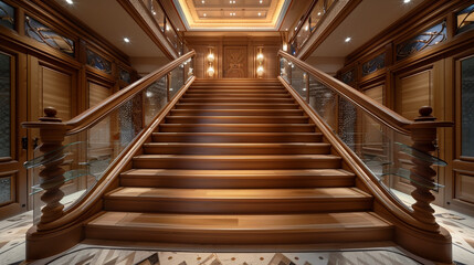 Obraz premium Grand entrance in a luxurious home featuring a wooden staircase with elegant glass details under ambient cove lighting