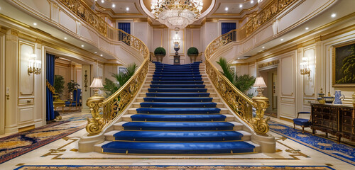Grand entrance hall with royal blue carpeted stairs surrounded by a luxurious gold balustrade and a...