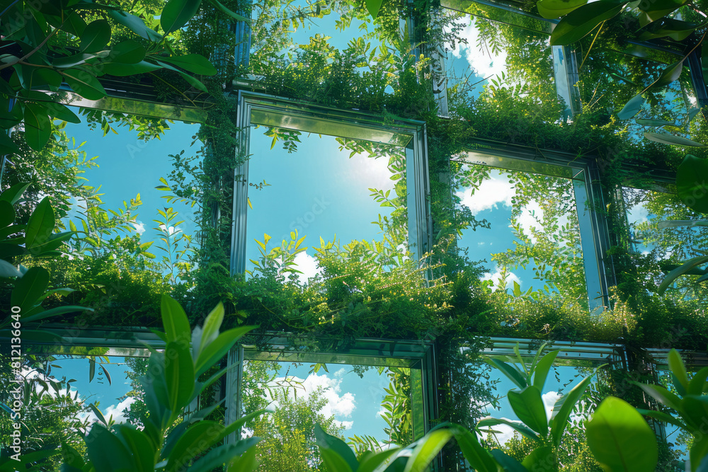 Aufkleber abstract art showing a series of staggered mirrors in a garden, creating a maze of greenery and sky,