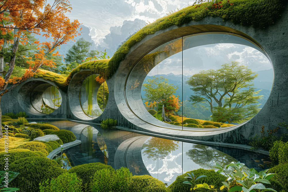 Poster abstract art showing a series of staggered mirrors in a garden, creating a maze of greenery and sky,