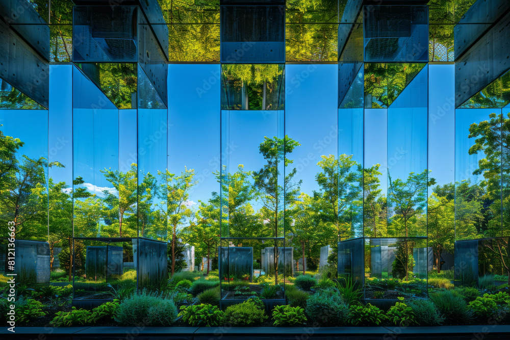 Aufkleber abstract art showing a series of staggered mirrors in a garden, creating a maze of greenery and sky,