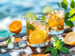 A captivating image showcasing a dynamic splash in a mint cocktail, surrounded by fresh limes and ice cubes.