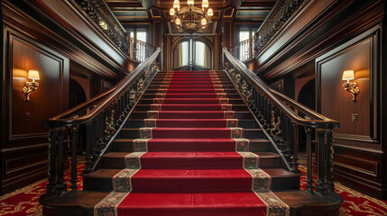 Grand luxury foyer with candy apple red carpeted stairs adorned with dark wood railings and a hand-tufted runner A large ornate ceiling fixture casts a warm welcoming light