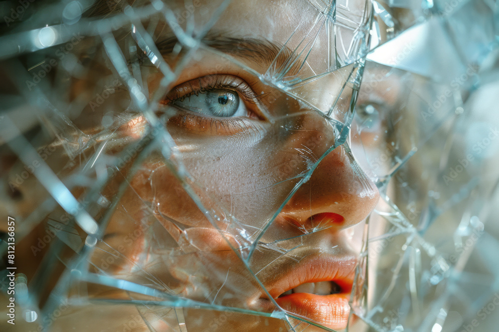 Poster conceptual artwork depicting a person's reflection in a broken mirror, with fragmented parts showing
