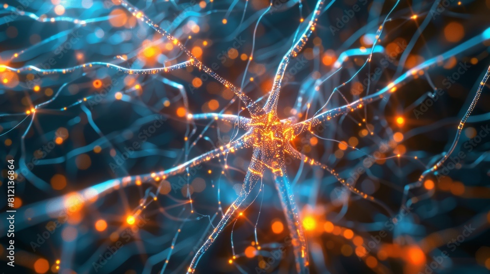 Poster the image shows a bunch of neurons in the brain. some of them are blue and some are orange. the back