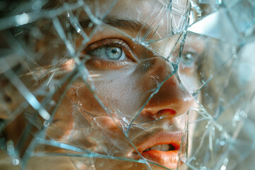 Conceptual artwork depicting a person's reflection in a broken mirror, with fragmented parts showing different angles of the face.