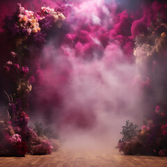 3d render, abstract background with smoke and flowers, empty stage