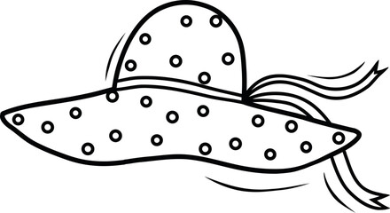 Women's polka dot summer beach hat with ribbon, vector stock illustration. Black and white contour illustration of a hat with a brim.