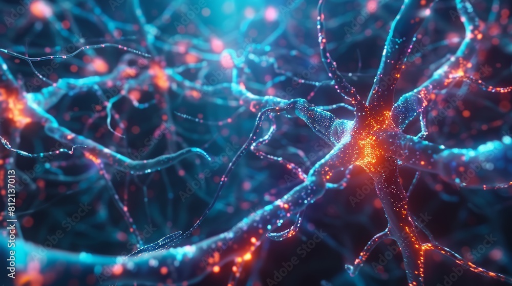 Poster the image shows a bunch of neurons in the brain. some of them are red and others are blue.