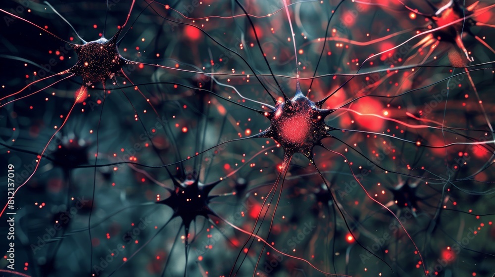 Poster the image shows a bunch of neurons in the brain. red neurons are active and sending signals, while t
