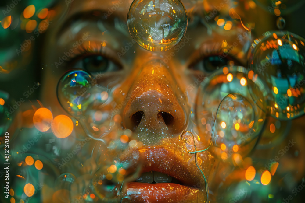 Poster artistic scene depicting a face seen through a series of bubbles, each bubble showing a slightly alt