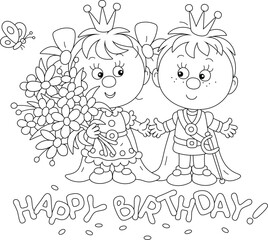Happy birthday card with a little prince and princess with a holiday bouquet of beautiful summer flowers, black and white vector cartoon illustration for a coloring book