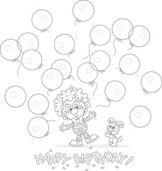 Happy birthday card with a funny circus clown and his merry little puppy releasing balloons into the air at a holiday party, black and white vector cartoon illustration for a coloring book
