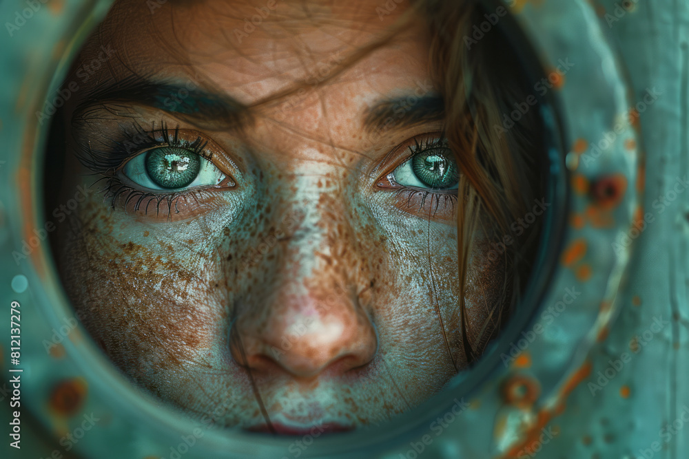 Poster art piece illustrating a portrait distorted by a peephole, focusing on the exaggerated roundness of 