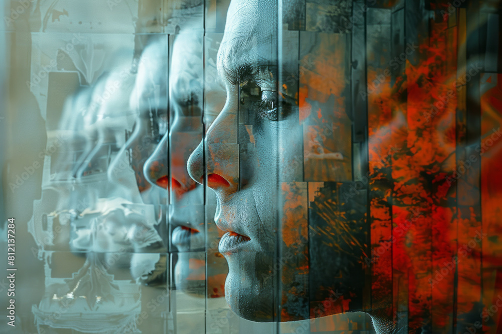 Poster abstract art showing a figure reflected multiple times in a series of mirrors, creating an echo of f
