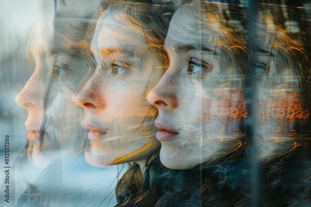 Poster abstract art showing a figure reflected multiple times in a series of mirrors, creating an echo of f