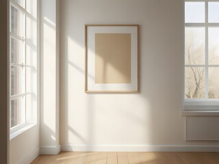 Fototapeta premium simple minimalist aesthetic frame mockup poster hanging on the wall lit by sunlight.
