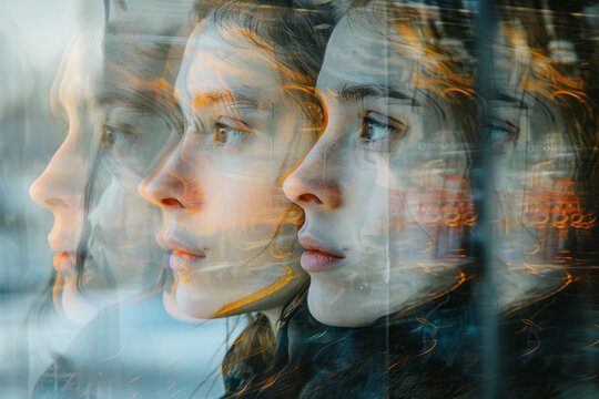 Abstract art showing a figure reflected multiple times in a series of mirrors, creating an echo of faces and bodies,