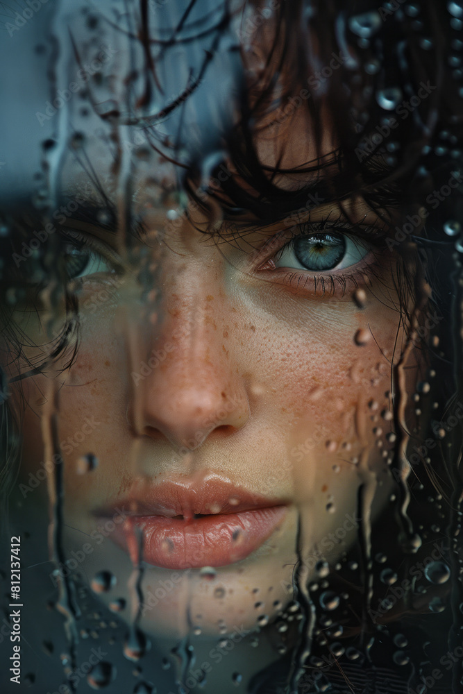 Poster visualization of a face behind a glass pane with condensation, each droplet adding texture and soft 