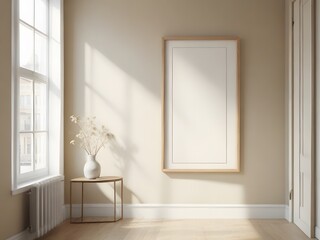 Fototapeta premium simple minimalist aesthetic frame mockup poster hanging on the wall lit by sunlight.
