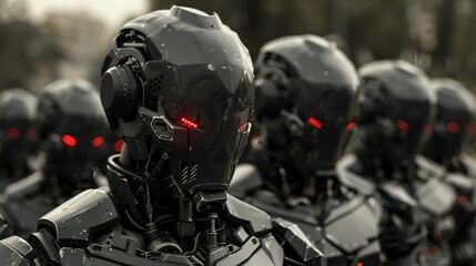 The Iron Legion: An army of cyborgs clad in sleek, black armor, their eyes glowing red with...