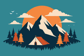 Sketch Camping in nature set, Mountain landscape, vector illustrations