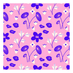Abstract pink floral seamless vector pattern design with cute blue summer flowers, white plants, purple wildflowers, illustrations in funky cartoon groovy style for wrapping paper, textile, wallpaper