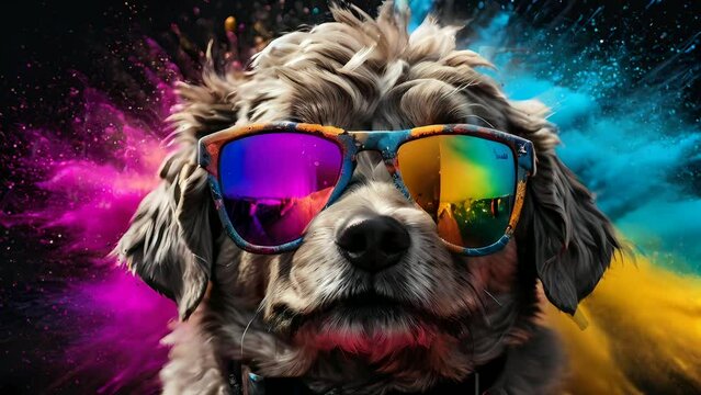 adorable doodle dog wear sunglasses with powder explosion background