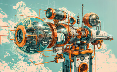 A detailed drawing a complex machine with many pipes and wires a cloudy sky background