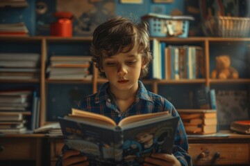 A boy in a blue and orange checkered shirt is reading a book. In the room behind him is a bookshelf filled with various books.