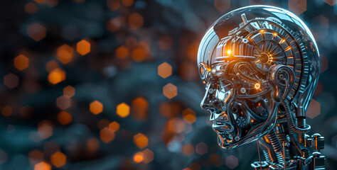 A futuristic-looking robot with a mechanical head with illuminated lights in the background, showcasing futuristic technology and innovation, with copy space