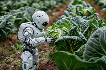 A robot harvests among rows of green cabbages in a vast field