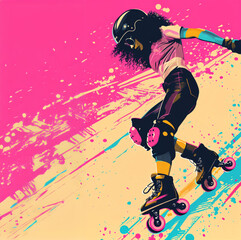A woman wearing roller skates and a helmet is riding on a colorful background with paint splatters