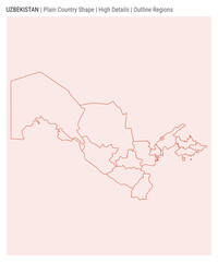 Uzbekistan plain country map. High details. Outline regions style. Shape of Uzbekistan. Vector illustration.