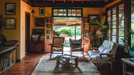 the living room of a typical brazilian house in Minas Gerais, magic hour,