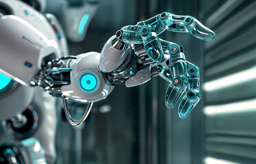 A hand futuristic-looking robot with a white and blue color scheme, illustrating advanced technology in action
