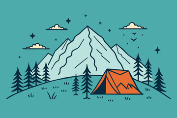 Sketch Camping in nature set, Mountain landscape, vector illustrations