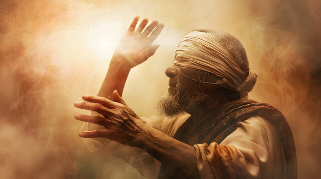 The moment of healing as a blind man gains sight, illustrating spiritual and physical sight through faith, with copy space