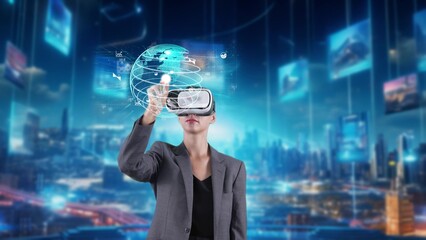 Businesswoman user moving big data dynamic world monitor to zoom out through VR future global...