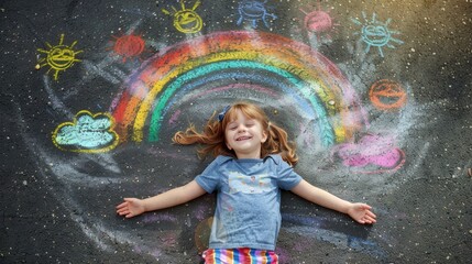 Happy child on chalk-drawn rainbow at pride parade, symbolizing love and inclusivity